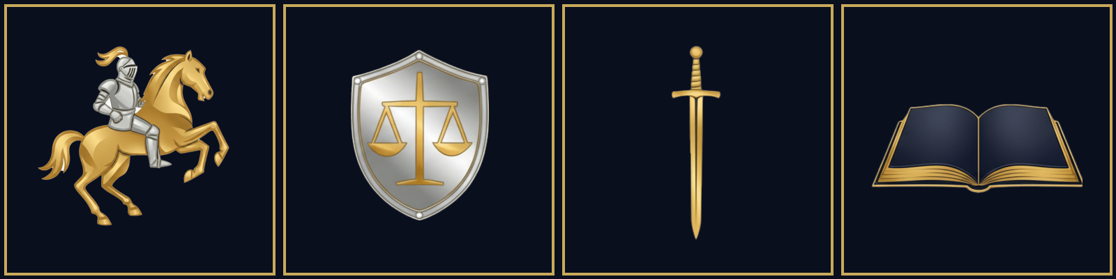 Logo elements deconstructed - sword, knight, shield, book